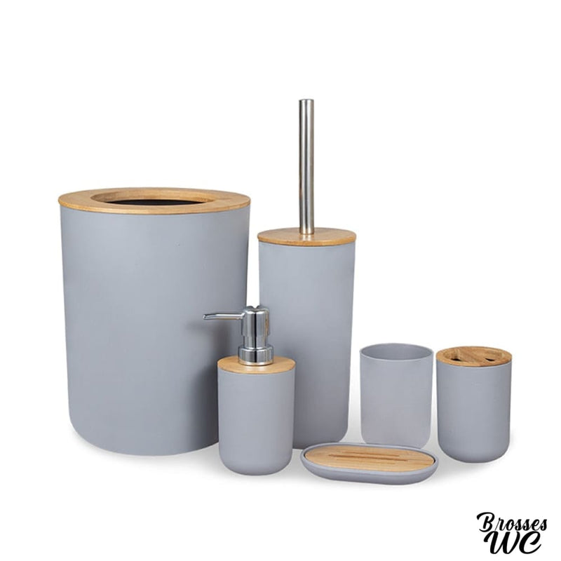 Set d'accessoires WC en acier et bambou